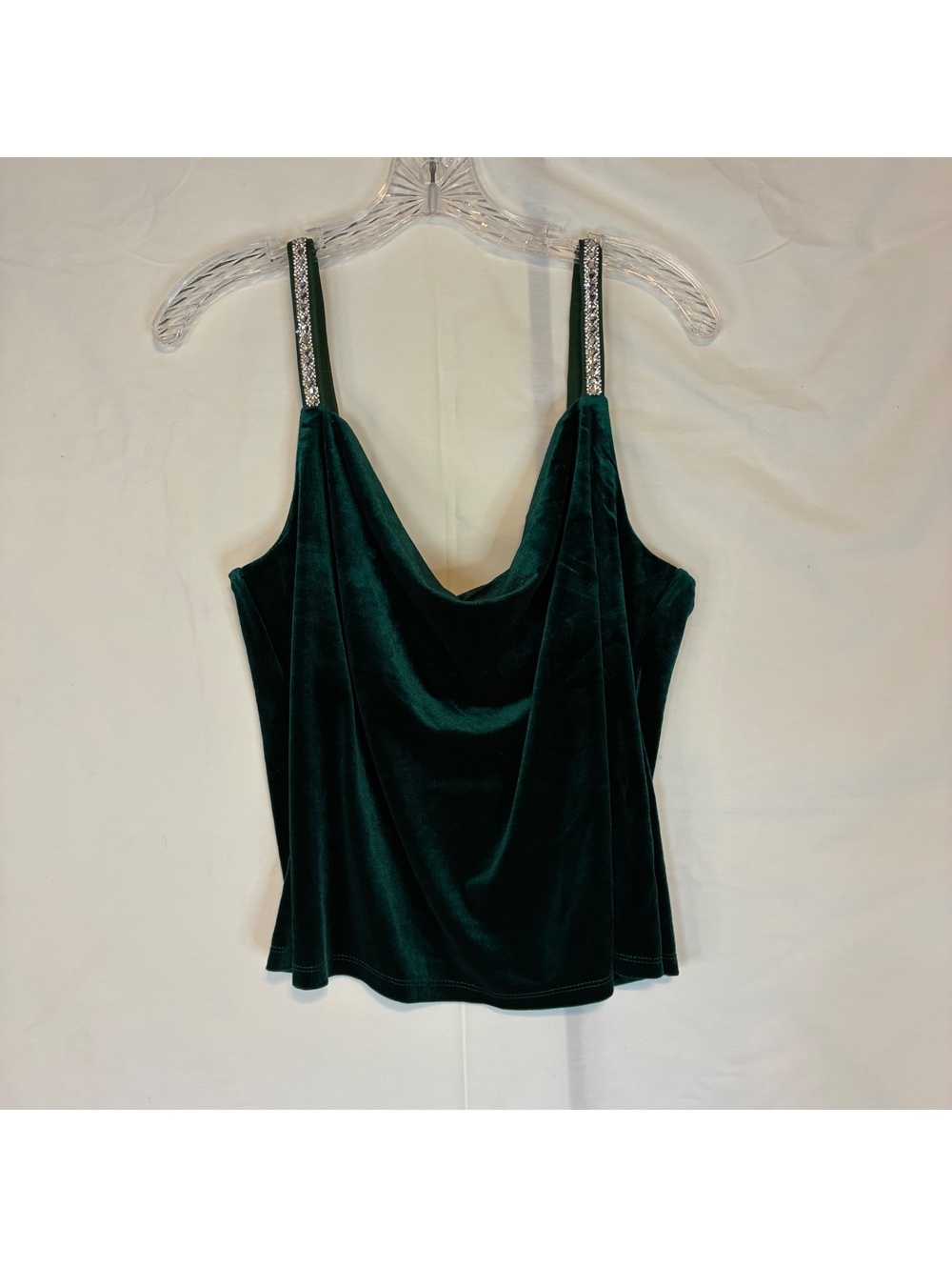 NWT Skies Are Blue Hunter Green Velvet Cowl Neck Rhinestone Strap Tank Sz M